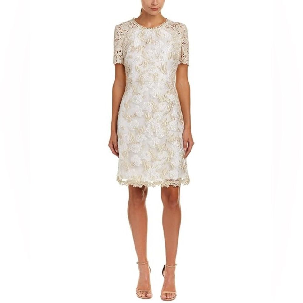 Elie Tahari Larsa White and Gold Floral Lace Mini Dress 4